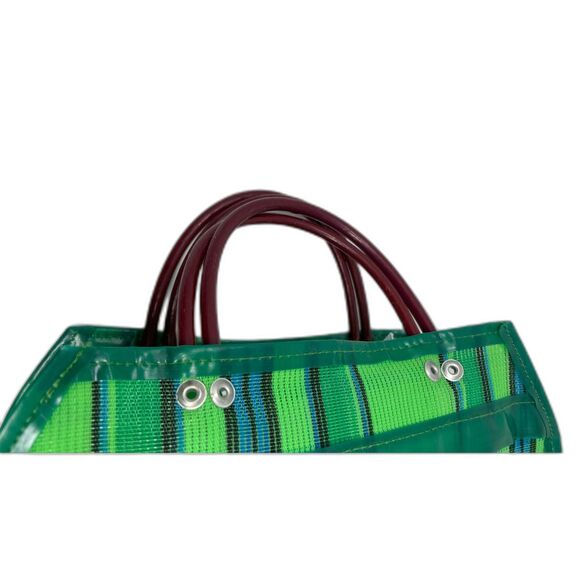 Mexican Small Hand Bag Tote Purse Green Plastic Striped 10”X 9” Boho - Picture 4 of 8